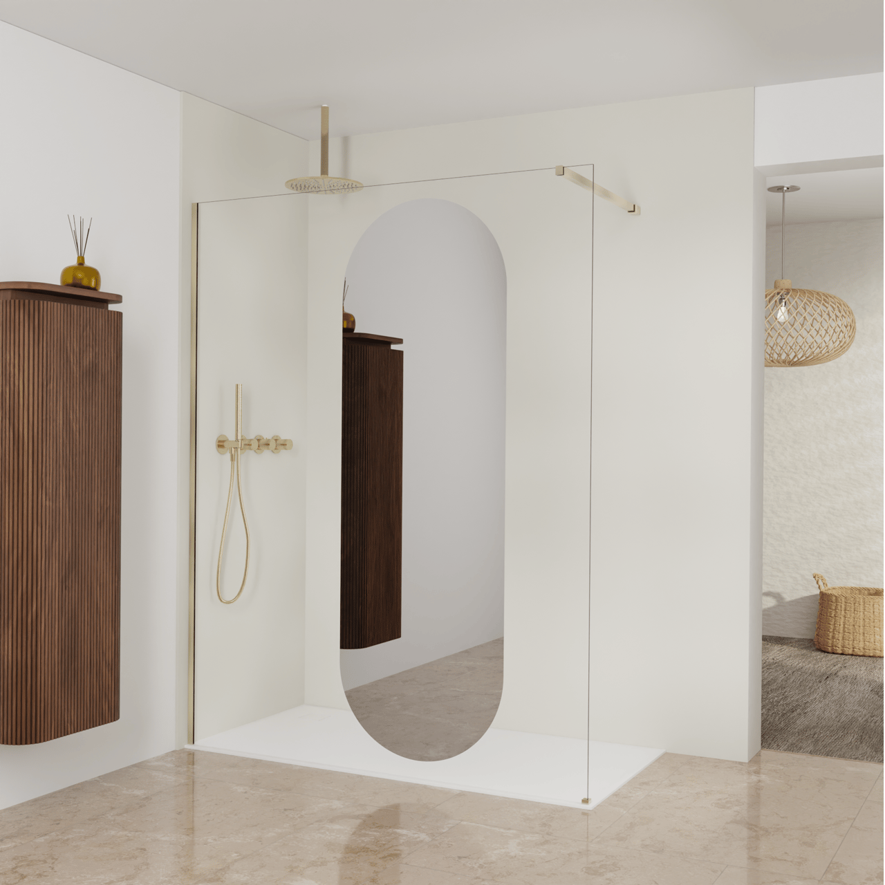 Balmani Modular Walk-In Dusche: 160 x 200 cm, Reflex-Spiegelglas Oval, Profil Brushed Champagne Gold