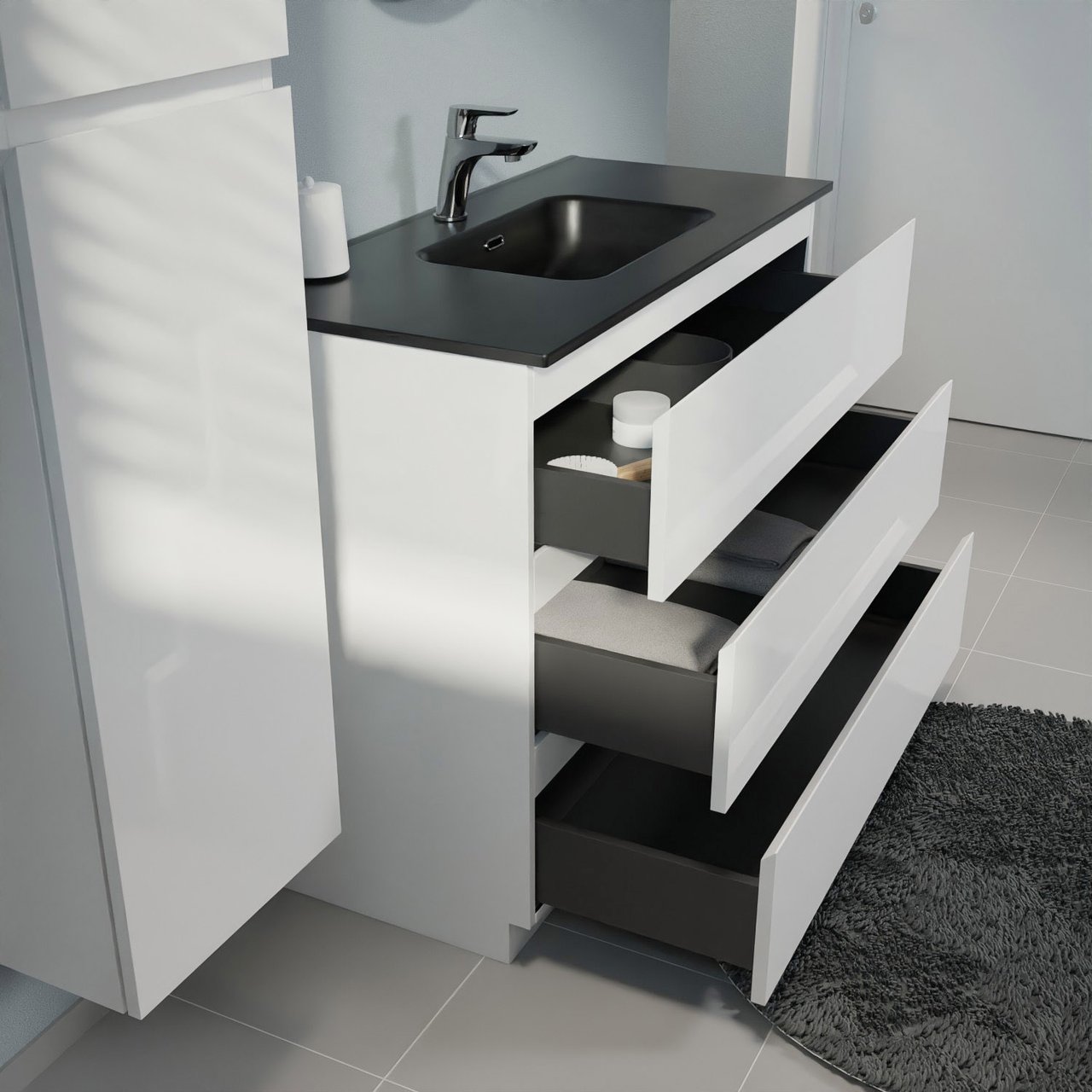 Linie Lado meuble salle de bains à poser 100 x 46 cm blanc mat avec Baro plan simple en porcelaine noir mat