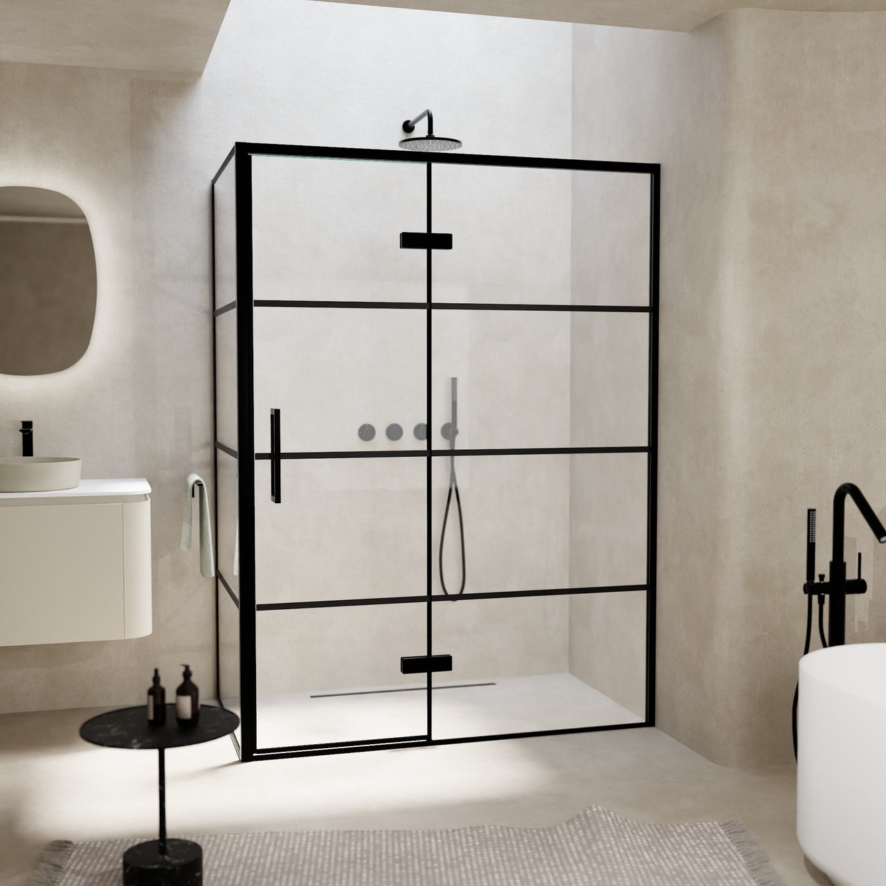 Balmani Senses Design douche en coin avec porte pivotante à droite et paroi latérale fixe, 140 x 100 cm, Lined, Profil noir, coating inclus