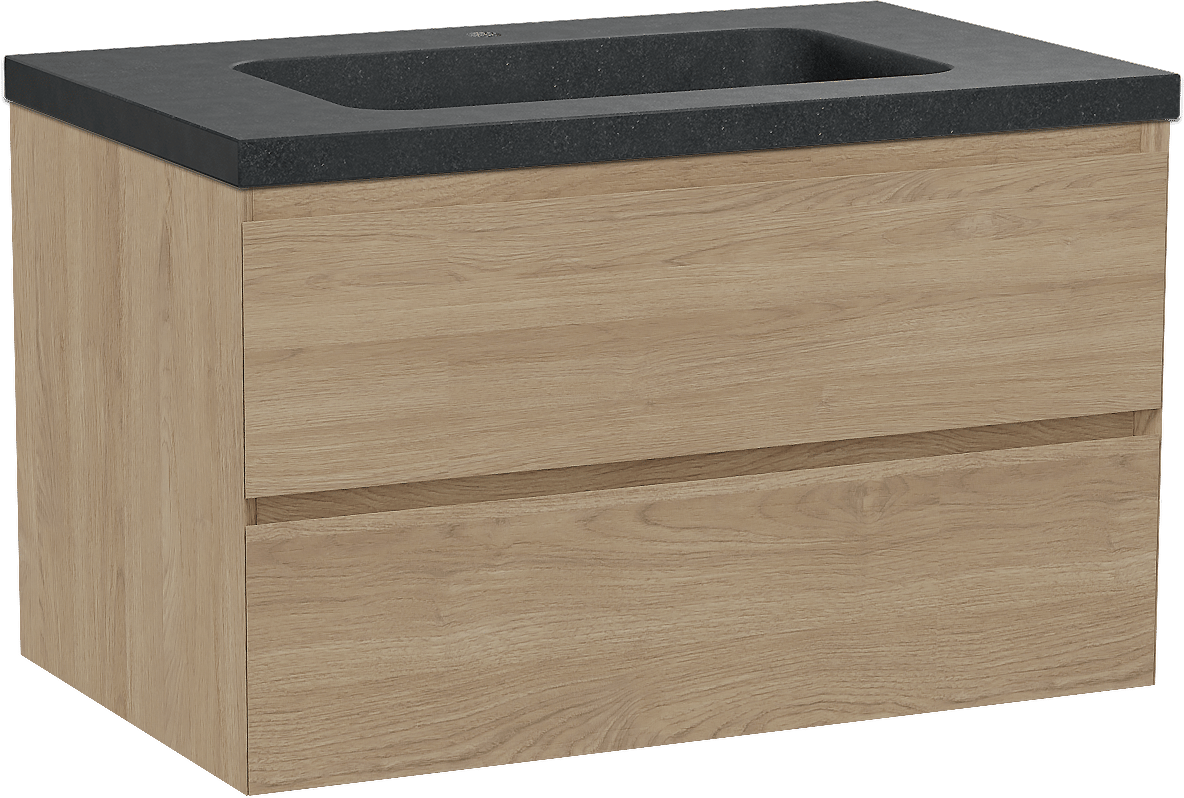 Balmani Mitra zwevend badmeubel 90 x 55 cm naturel eiken met Napoli enkele wastafel in zwart graniet
