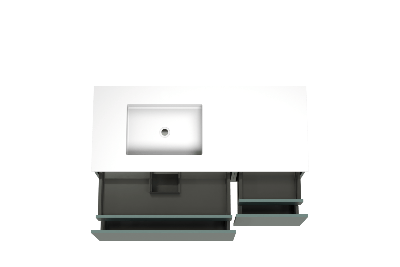 Balmani Sfera hängendes Möbelstück Set: 135 x 55 cm, Forest, mit Tablo Stretto Waschtisch links, Solid Surface Weiß matt