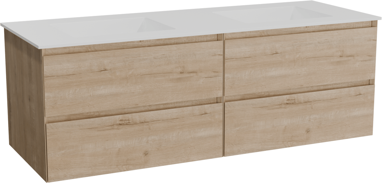 Balmani Mitra hängendes Möbelstück Set: 150 x 55 cm, Rohe Eiche, mit Tablo Stretto Doppelwaschtisch, Solid Surface Weiß matt