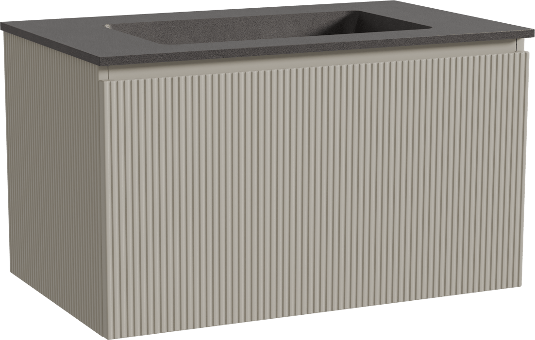 Storke Ribs zwevend badmeubel 85 x 52 cm zijdegrijs met Scuro enkele wastafel in kwarts mat zwart, Verticale symmetrische rechte ribbel