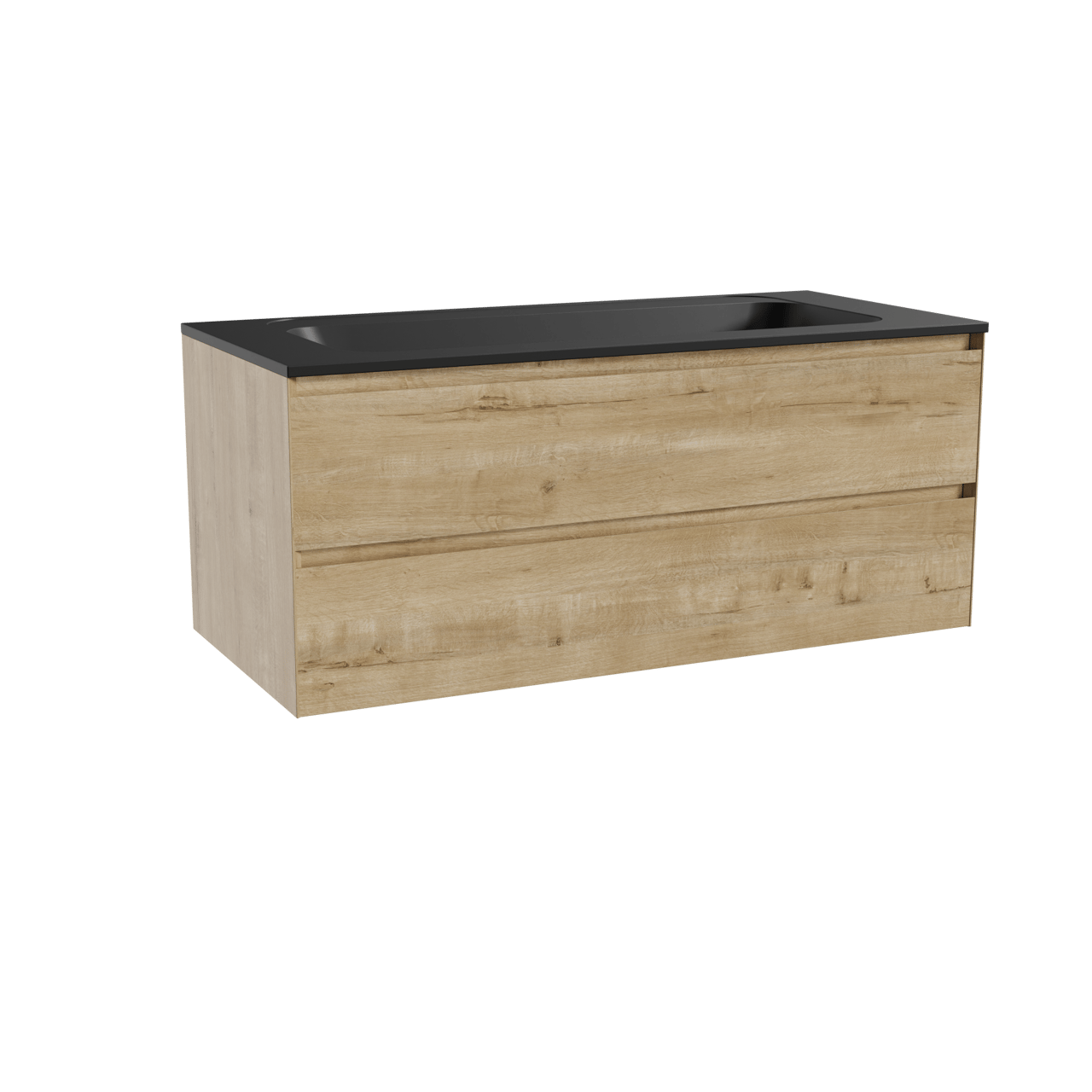 Balmani Mitra hängendes Möbelstück Set: 120 x 55 cm, Rohe Eiche, mit Tablo Strada Einzelwaschtisch für 2 Armaturenlöcher, Marmorkomposit Schwarz matt