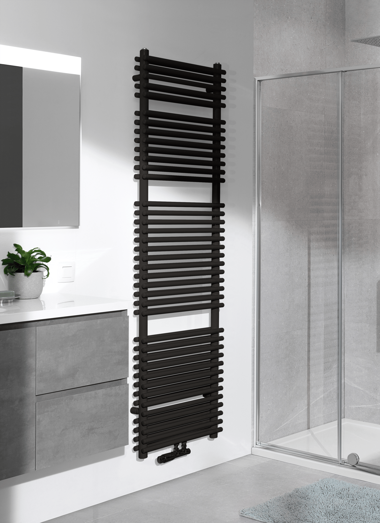 Vipera Alegria dubbele handdoekradiator 50 x 180 cm centrale verwarming mat zwart zij- en middenaansluiting 1.688W