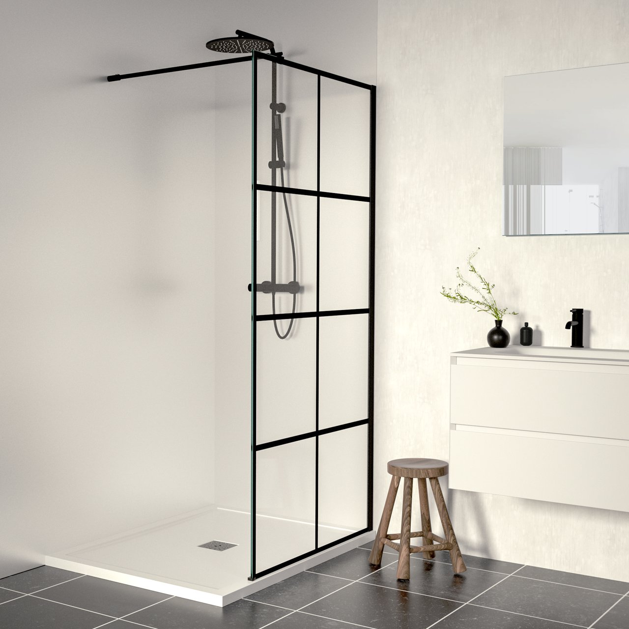Linie Walk-In Walk-In Dusche: 100 x 200 cm, Square Glas, Schwarzes Profil, matt