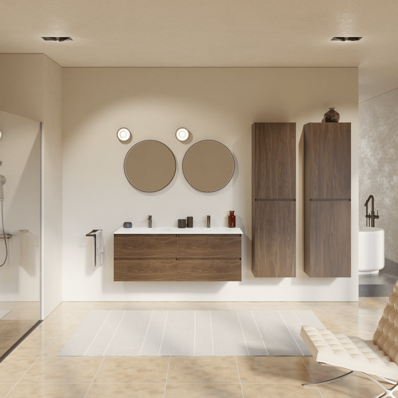 Balmani Mitra meuble salle de bains suspendu 135 x 55 cm noyer américain avec Tablo Oval double vasque en solid surface blanc mat