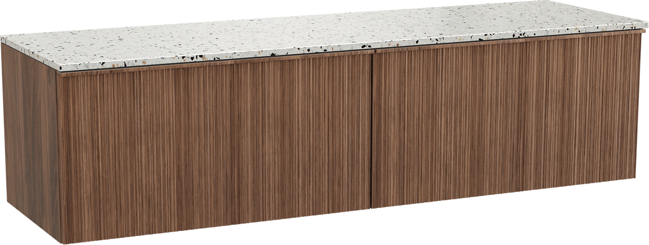 Balmani Forma zwevend badmeubel 180 x 55 cm amerikaans notenhout met Stretto enkel of dubbel wastafelblad in mat wit/zwart terrazzo, Verticale asymmetrische ronde ribbel