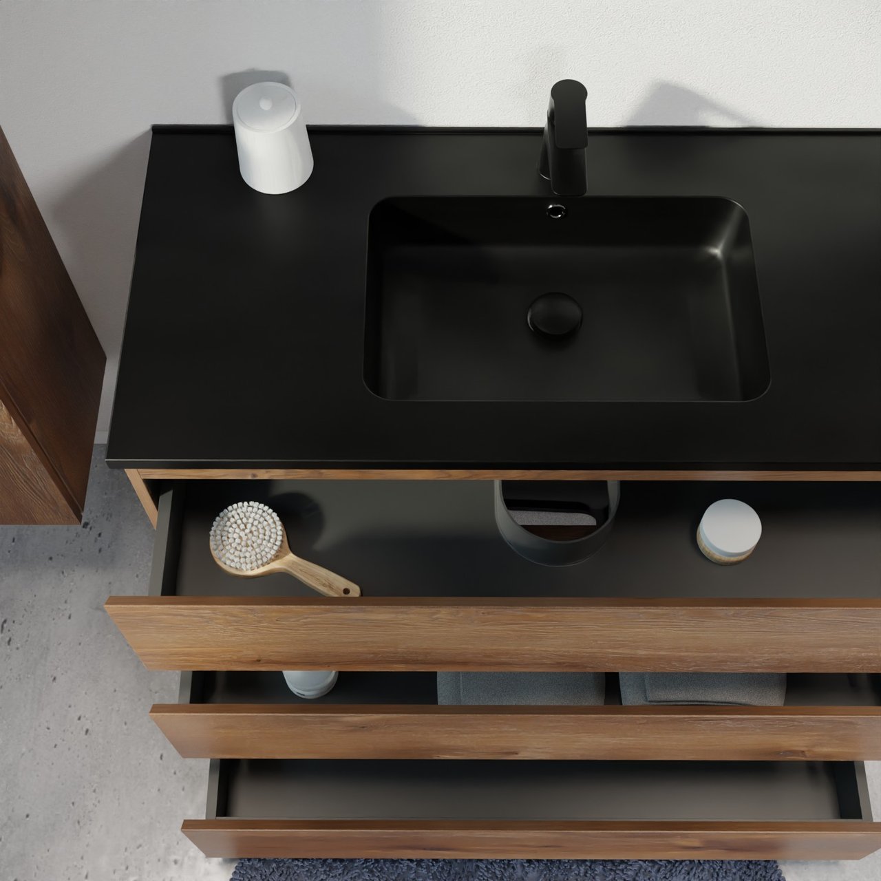 Linie Lado freistehendes Möbelstück Set: 80 x 46 cm, Braune Eiche, mit Vano Einzelwaschtisch, Marmorkomposit Schwarz matt