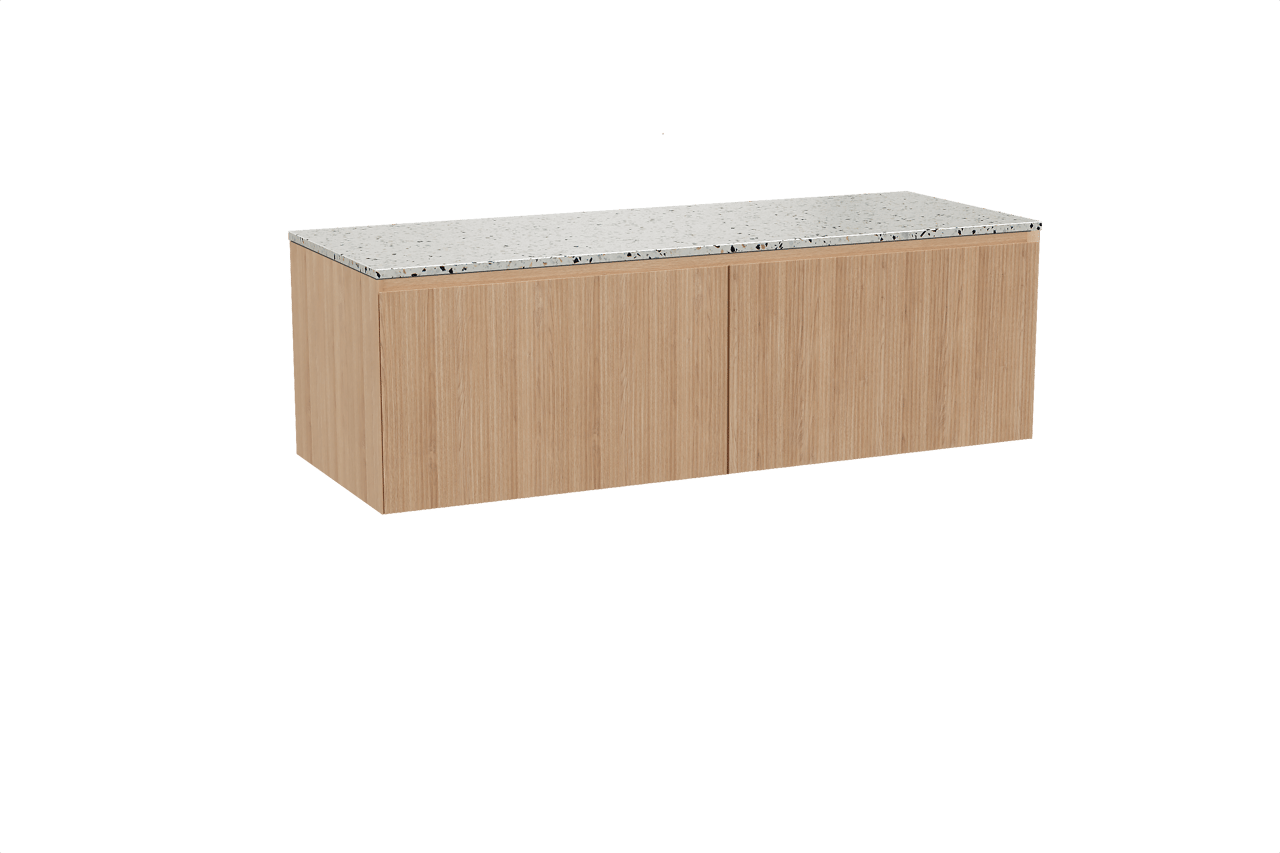 Balmani Fila meuble salle de bains suspendu 150 x 55 cm chêne naturel avec Stretto tablette simple ou double en blanc/noir mat terrazzo, Nervure droite symétrique verticale