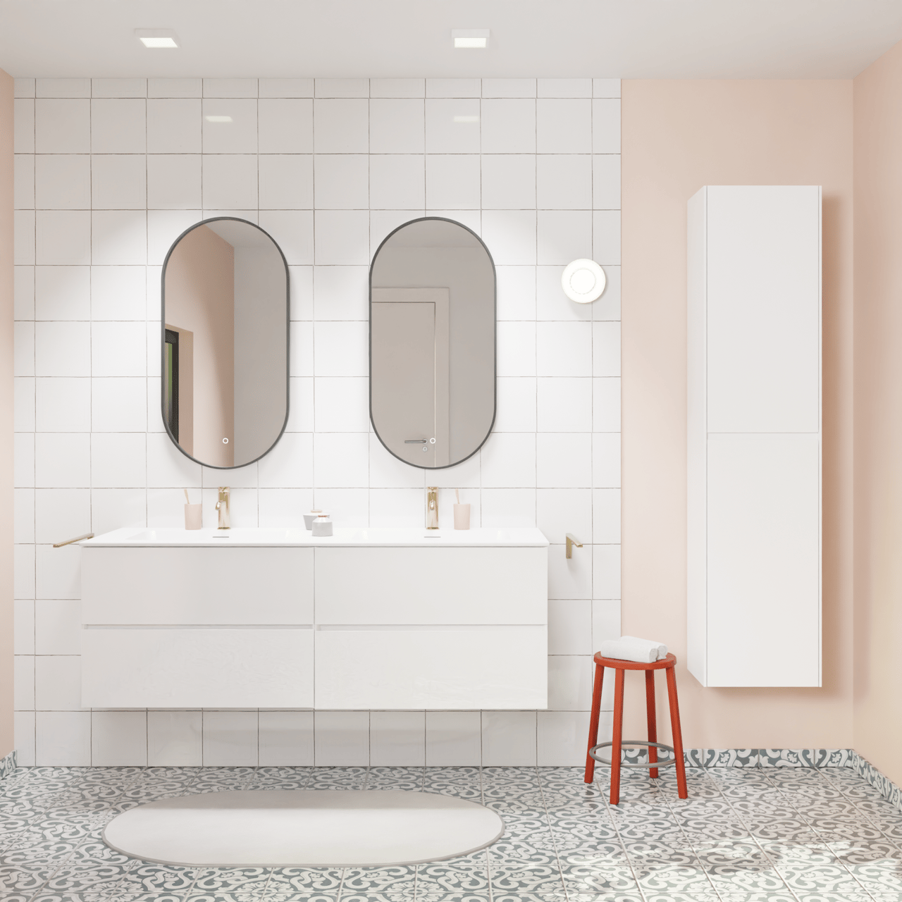 Storke Edge meuble salle de bains suspendu 150 x 52 cm blanc brillant avec Mata double vasque en solid surface blanc mat