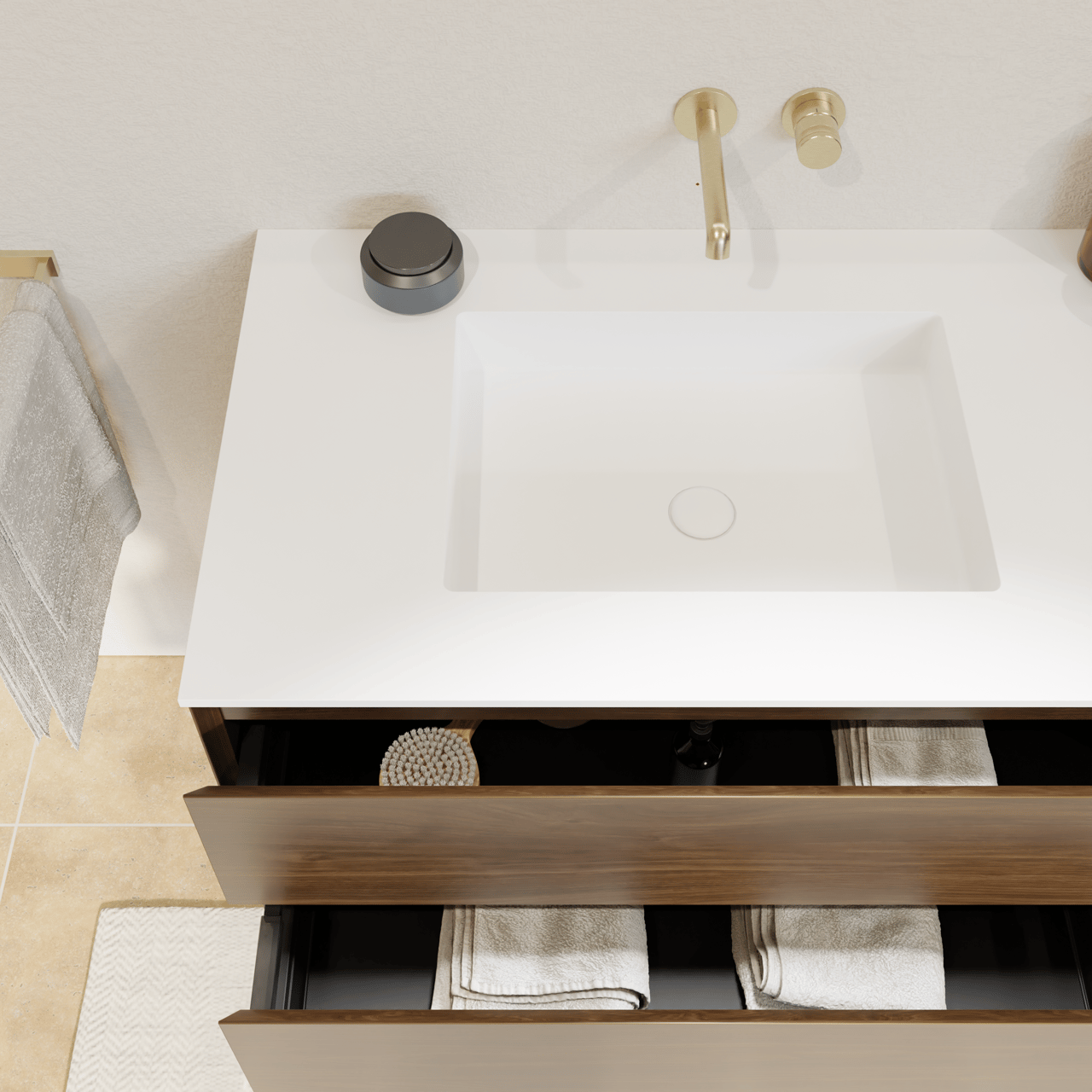 Balmani Mitra meuble salle de bains suspendu 180 x 55 cm noyer américain avec Tablo Stretto double vasque en solid surface blanc mat