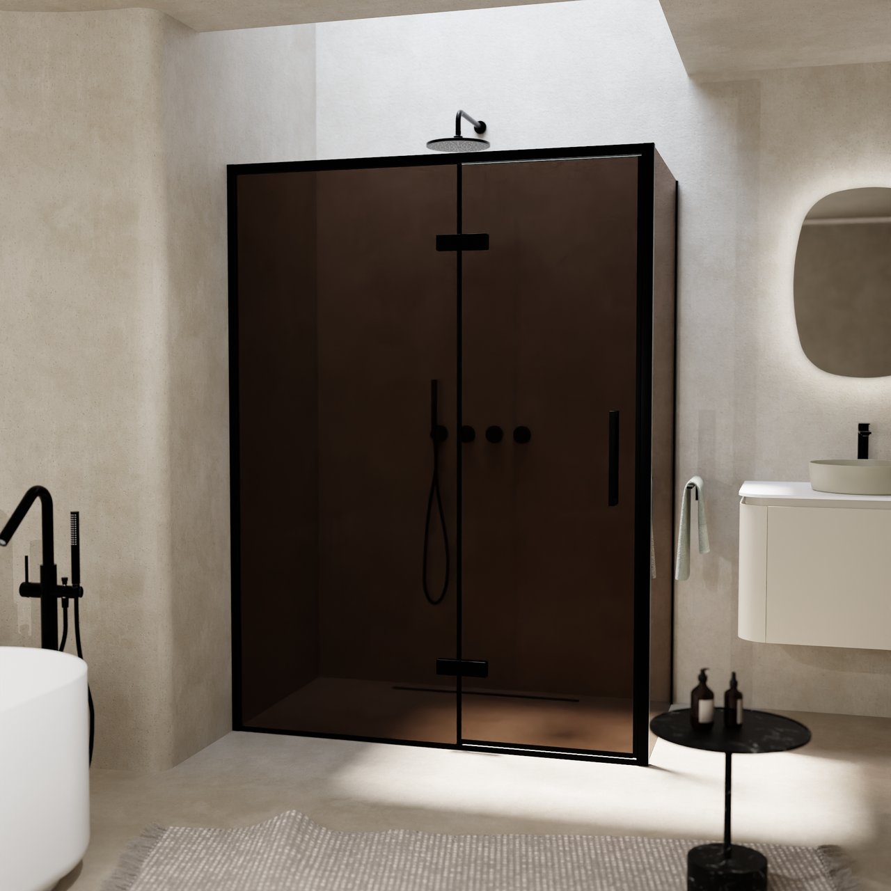 Balmani Senses Design douche en coin avec porte pivotante à gauche et paroi latérale fixe, 140 x 90 cm, Bronze, Profil noir, coating inclus, coating inclus