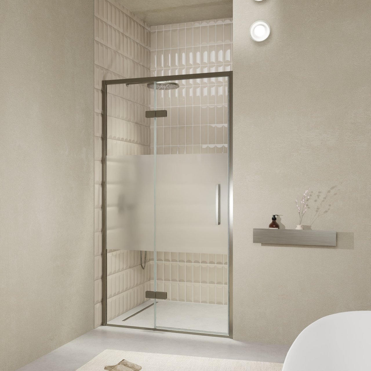 Balmani Senses Design porte pivotante à gauche 120 cm x 210 cm verre transparent avec bande matte, Profil Brushed GunMetal, coating inclus