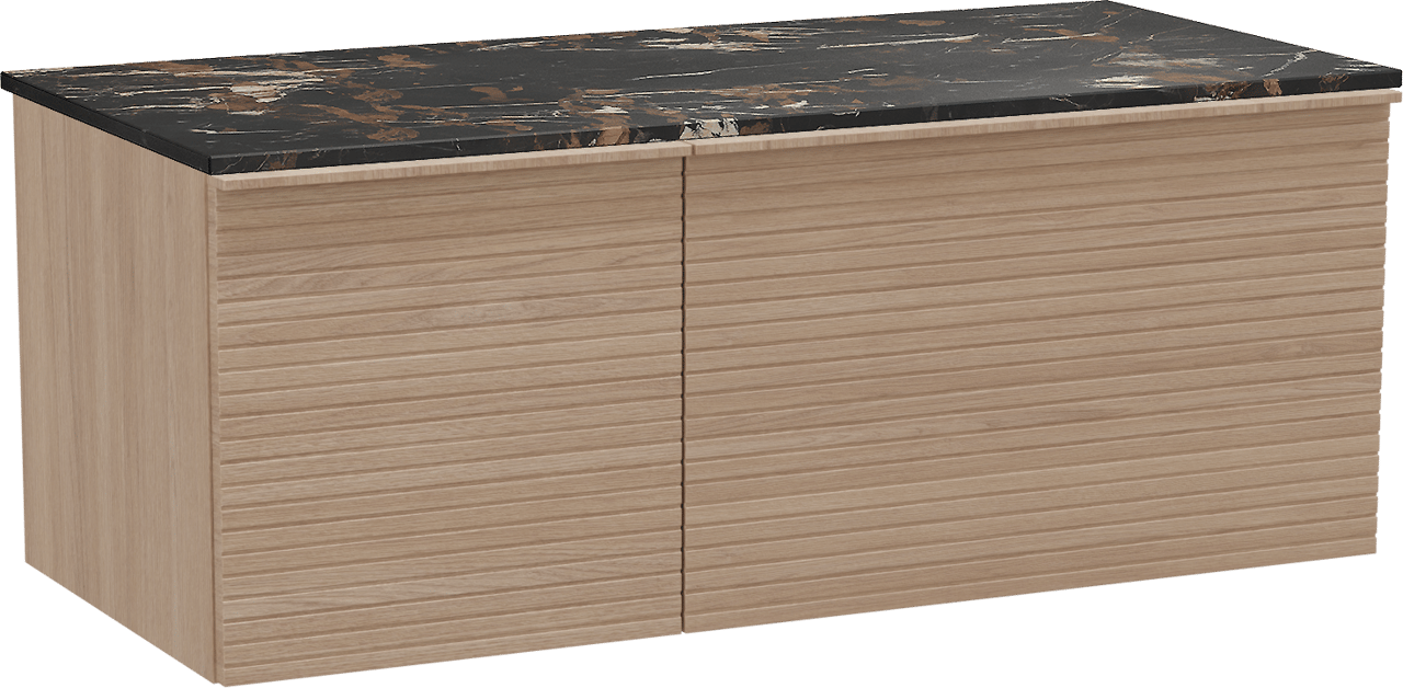 Balmani Forma zwevend badkamermeubel 120 x 55 cm natuur eik met Stretto enkel tablet in marmer portoro gold, Horizontale symmetrische rechte ribbel