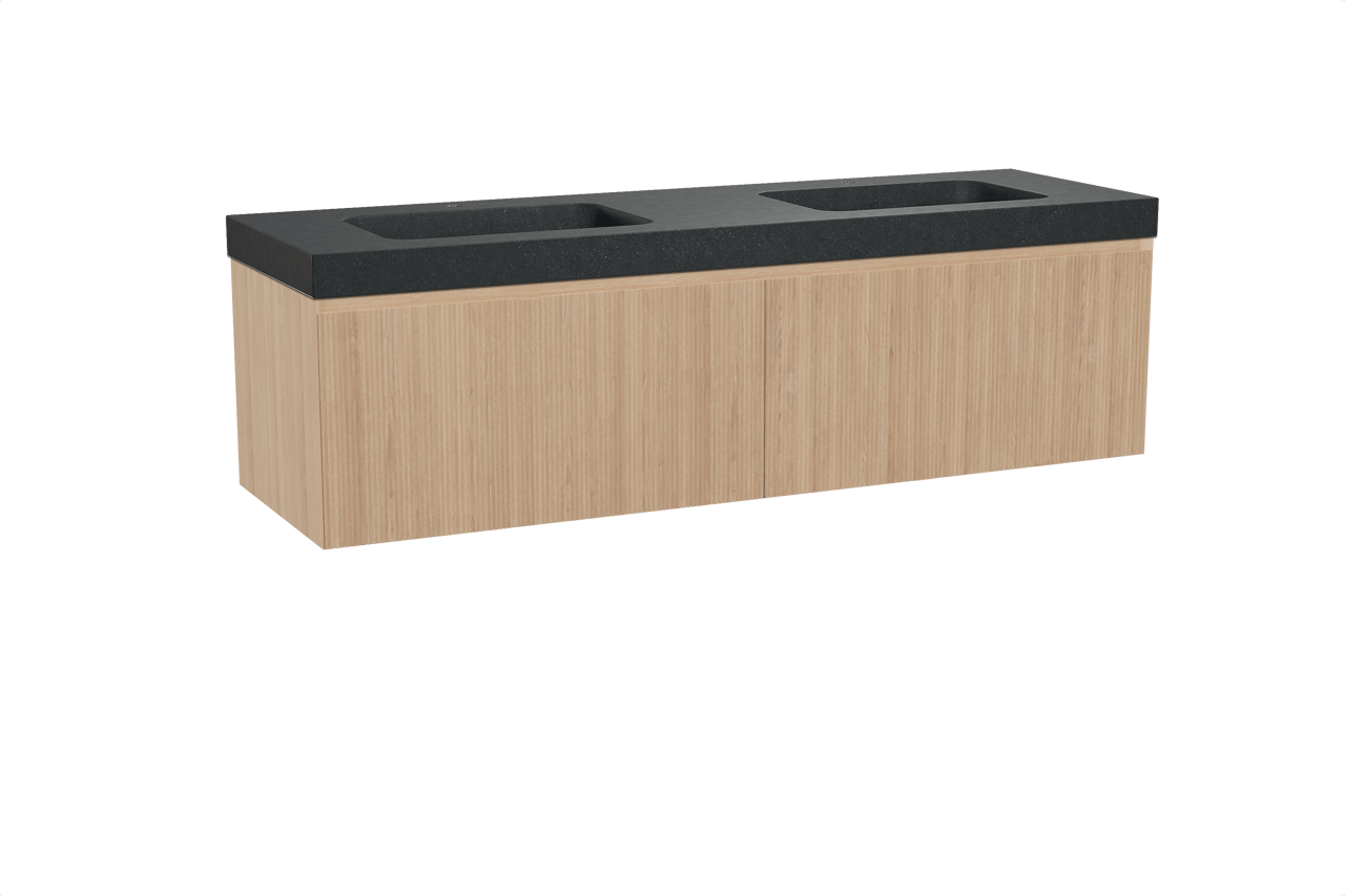 Balmani Fila zwevend badkamermeubel 180 x 55 cm natuur eik met Napoli dubbele wastafel in graniet zwart, Verticale symmetrische rechte ribbel