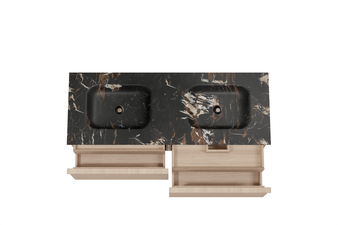 Balmani Forma hängendes Möbelstück Set: 150 x 55 cm, Naturbelassene Eiche, mit Tablo Arcato Doppelwaschtisch, Marmor, Portoro Gold, Horizontale symmetrische gerade Rippe