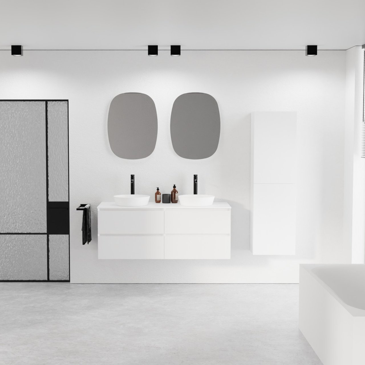 Balmani Mitra hängendes Möbelstück Set: 135 x 55 cm, Weiß matt, mit Stretto Einzel- oder Doppel Waschtischplatte, Solid Surface Weiß matt