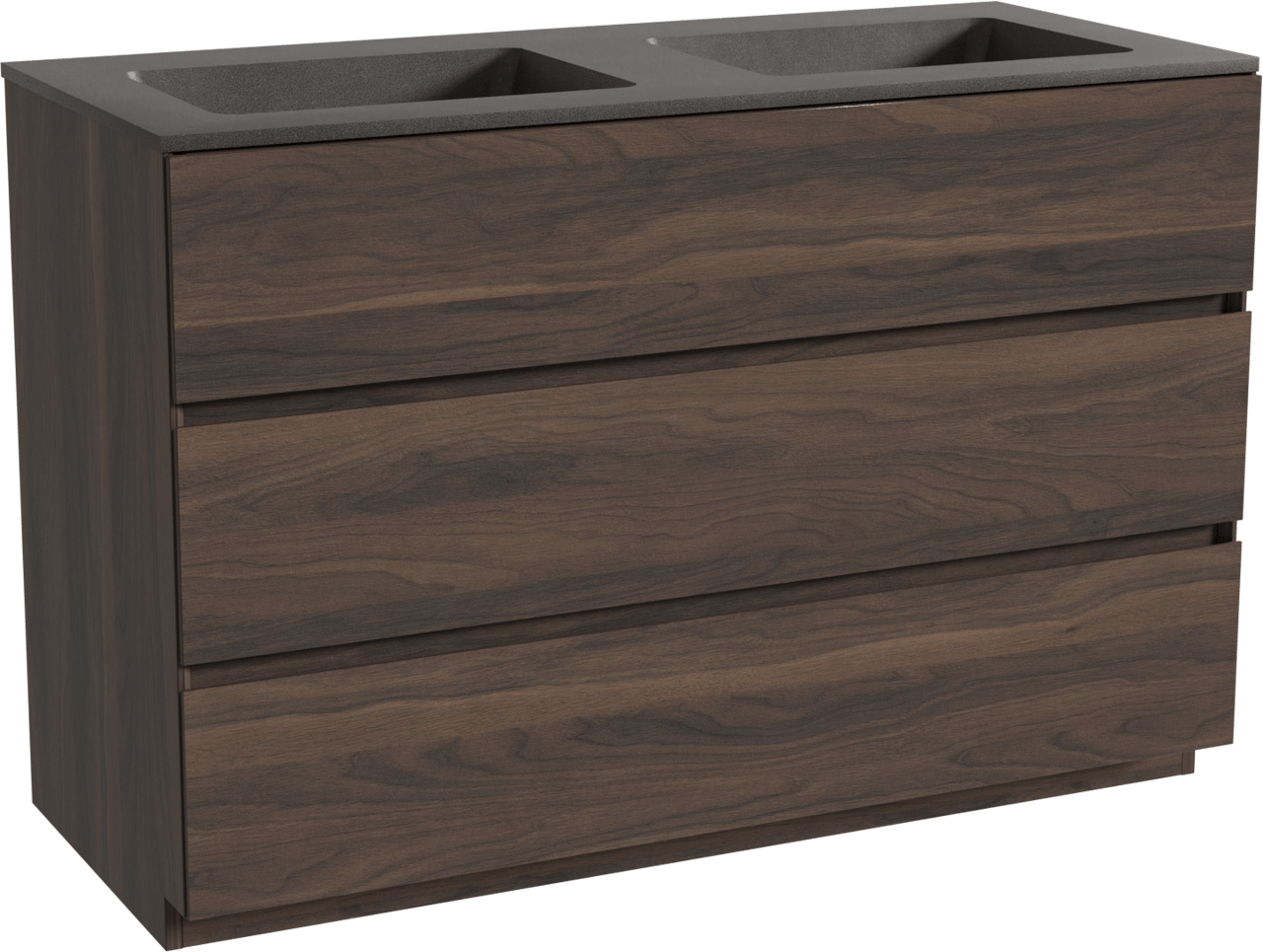 Storke Edge staand badmeubel 120 x 52 cm notenhout met Scuro dubbele wastafel in kwarts mat zwart