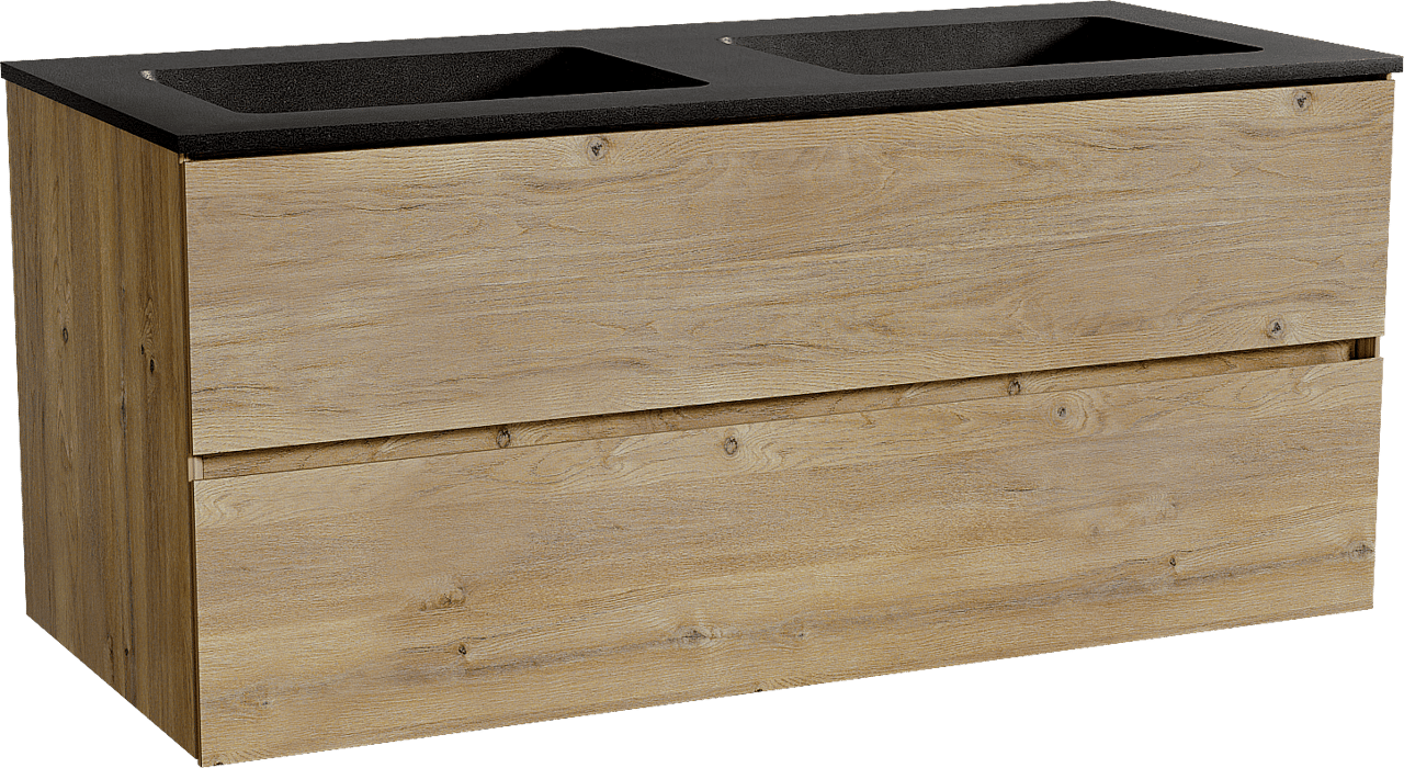 Storke Edge meuble salle de bains suspendu 120 x 52 cm chêne brut avec Scuro double vasque en quartz noir mat
