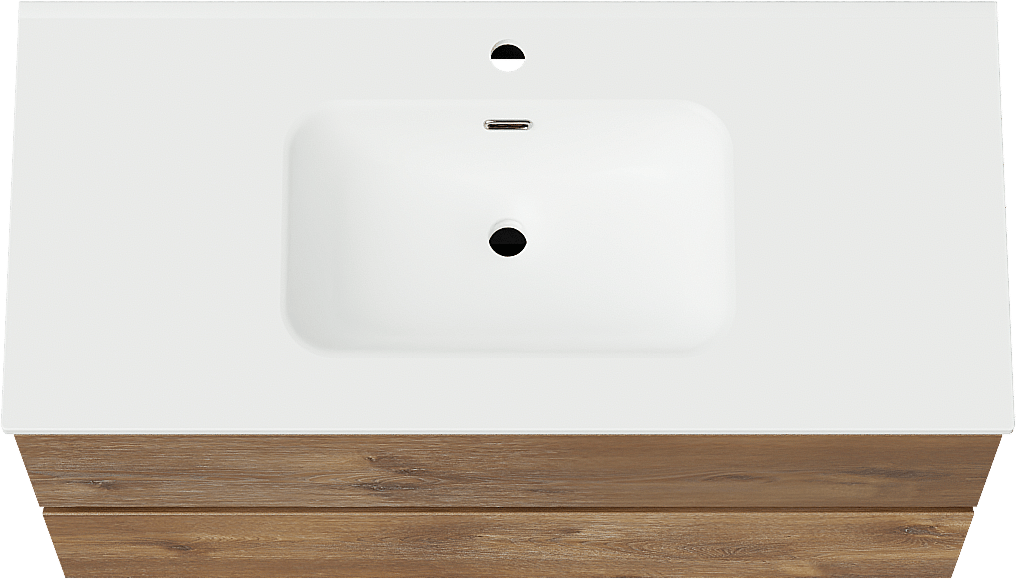 Linie Lado hängendes Möbelstück Set: 100 x 46 cm, Braune Eiche, mit Baro Einzelwaschtisch, Porzellan Weiß matt