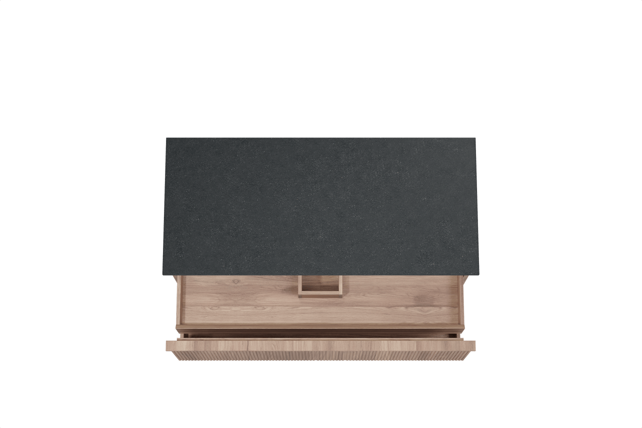 Balmani Forma zwevend badkamermeubel 120 x 55 cm teak met Stretto enkel tablet in graniet zwart, Verticale symmetrische rechte ribbel