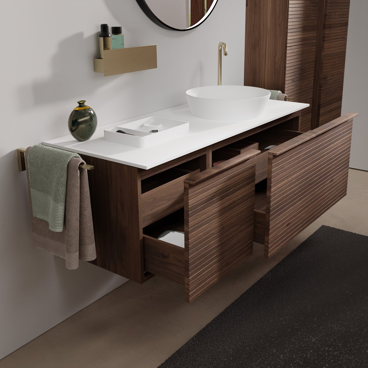 Balmani Forma zwevend badmeubel 135 x 55 cm amerikaans notenhout met Stretto enkel of dubbel wastafelblad in solid surface mat wit, Horizontale symmetrische rechte ribbel