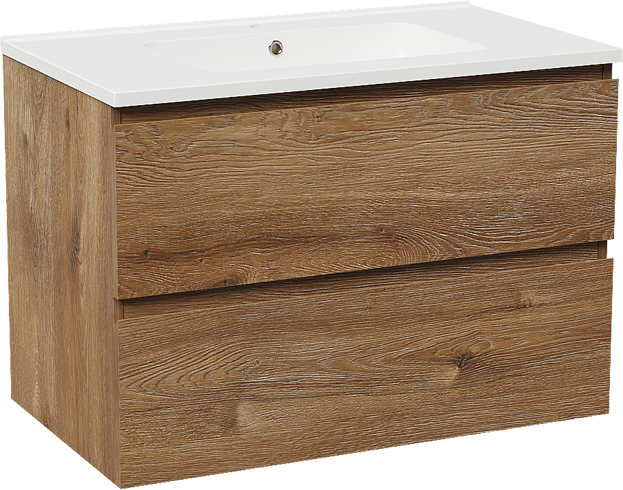 Linie Lado meuble salle de bains suspendu 80 x 46 cm chêne brun avec Vano plan simple en marbre composite blanc brillant