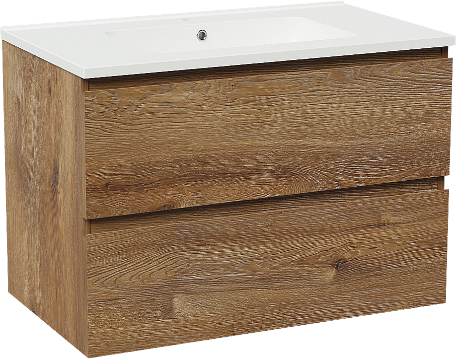 Linie Lado hängendes Möbelstück Set: 80 x 46 cm, Braune Eiche, mit Vano Einzelwaschtisch, Marmorkomposit Weiß glänzend