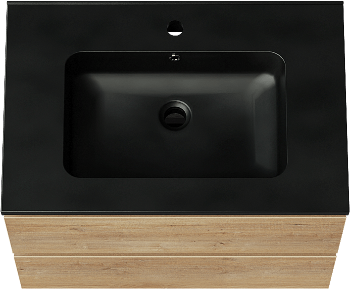 Linie Lado hängendes Möbelstück Set: 70 x 46 cm, Naturbelassene Eiche, mit Vano Einzelwaschtisch, Marmorkomposit Schwarz matt