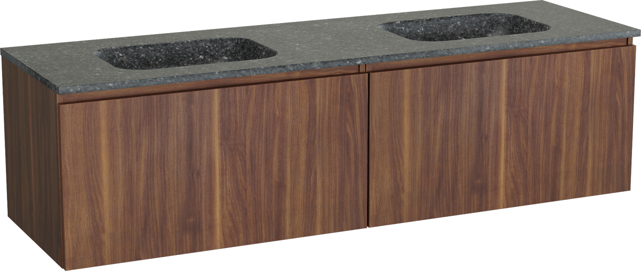 Balmani Sfera zwevend badmeubel 180 x 55 cm amerikaans notenhout met Tablo Arcato dubbele wastafel in zwart graniet