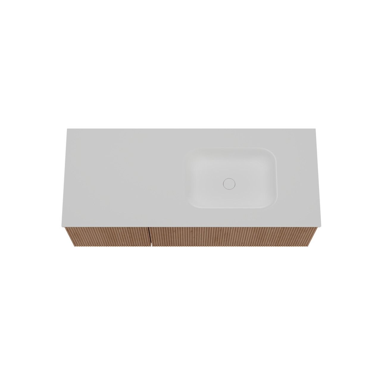 Balmani Forma zwevend badkamermeubel 135 x 55 cm natuur eik met Tablo Arcato asymmetrisch rechtse wastafel in solid surface mat wit, Verticale symmetrische rechte ribbel
