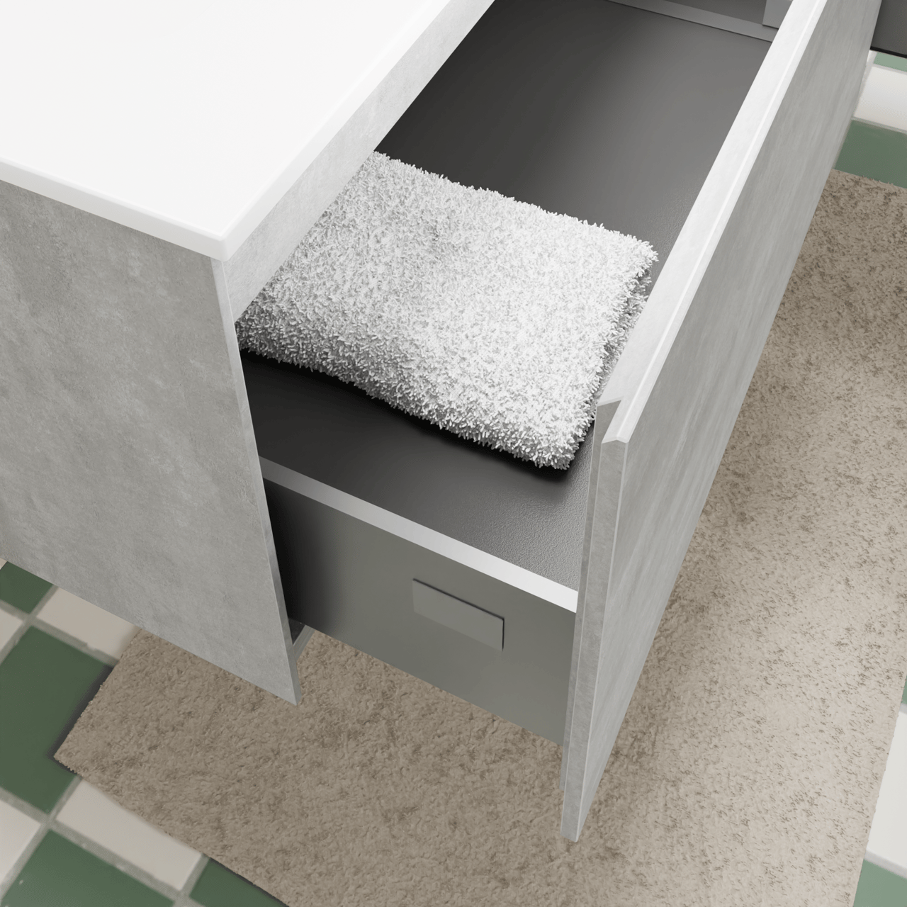 Storke Edge zwevend badmeubel 110 x 52 cm beton donkergrijs met Mata asymmetrisch linkse wastafel in solid surface mat wit