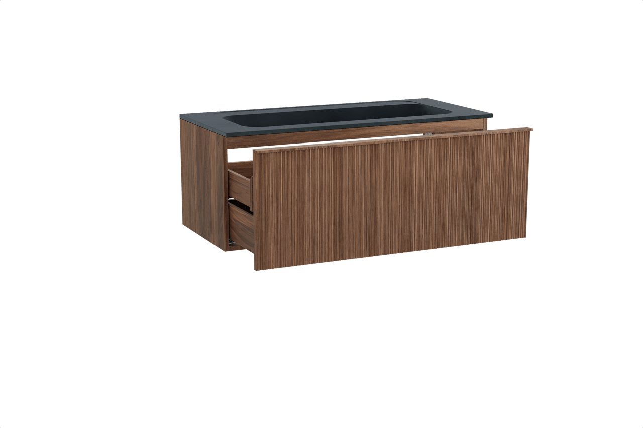 Balmani Forma meuble salle de bains suspendu 120 x 55 cm noyer américain avec Tablo Strada lavabo simple pour 2 trous de robinet en marbre composite noir mat, Nervure circulaire asymétrique verticale