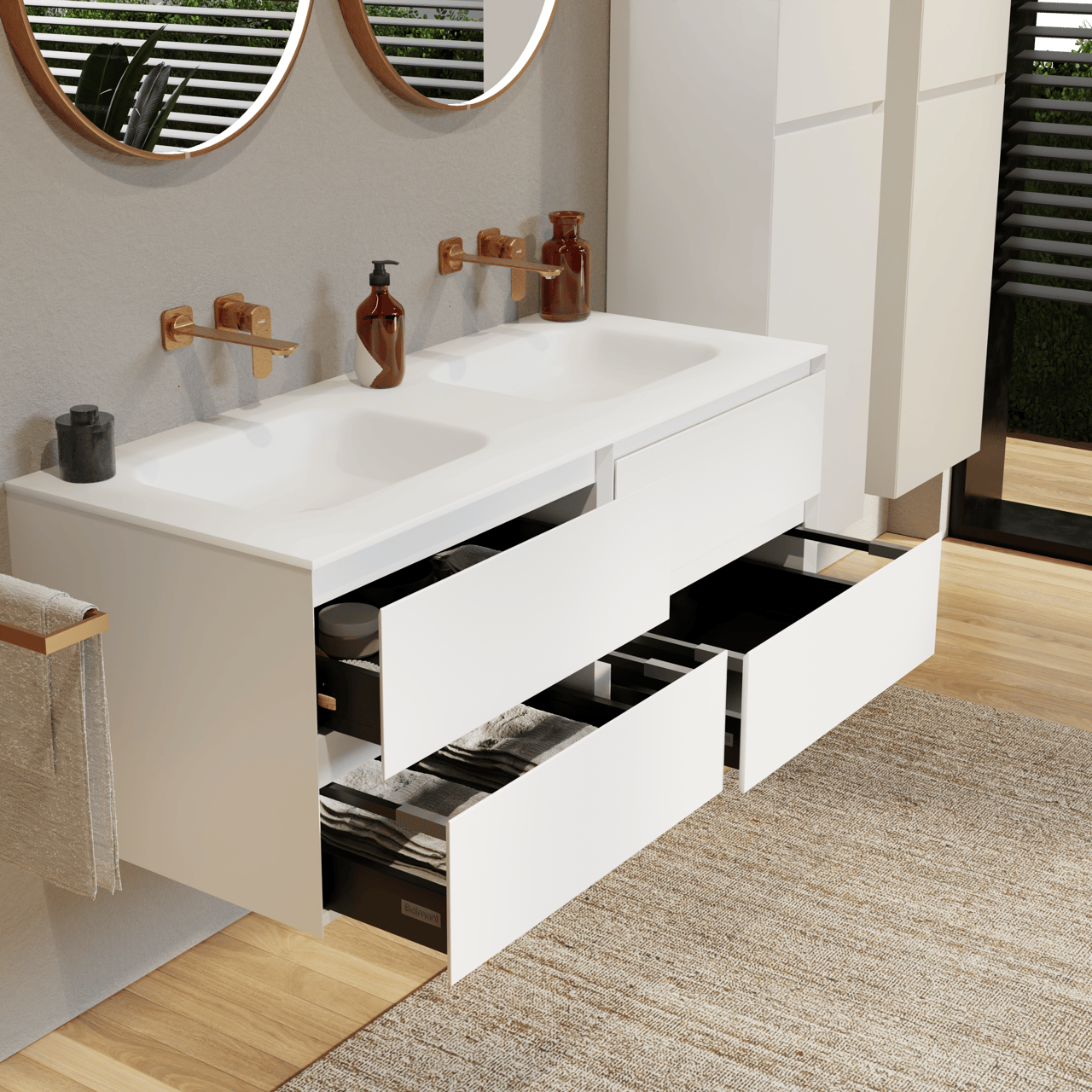 Balmani Mitra zwevend badkamermeubel 135 x 55 cm mat wit met Tablo Arcato dubbele wastafel in solid surface mat wit