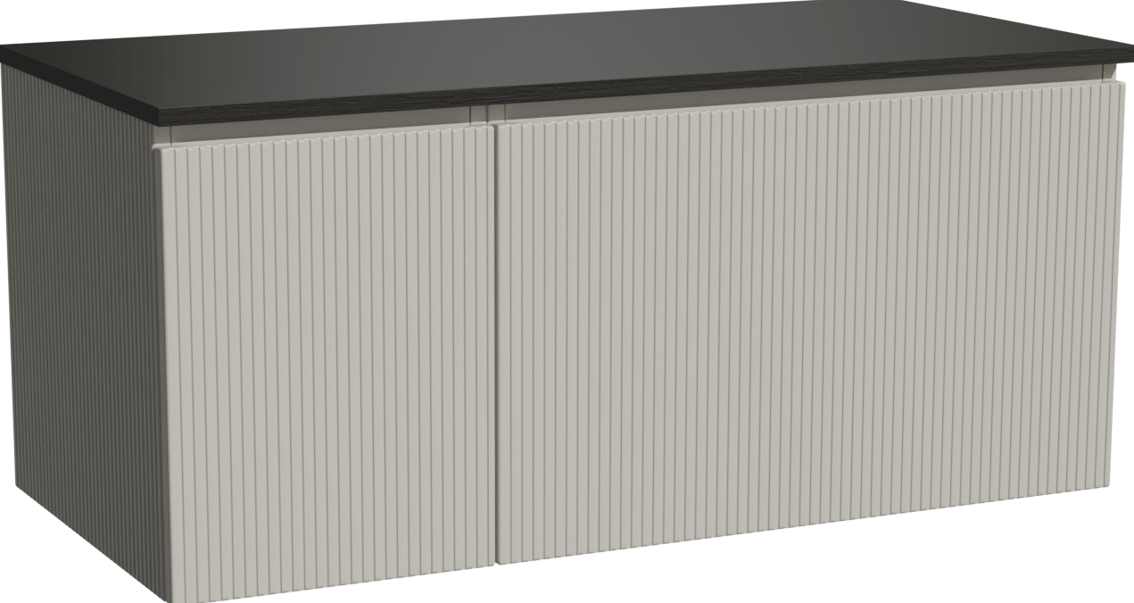 Storke Ribs zwevend badmeubel 110 x 52 cm zijdegrijs met Panton enkel wastafelblad in gepoedercoate mdf mat zwart, Verticale symmetrische rechte ribbel