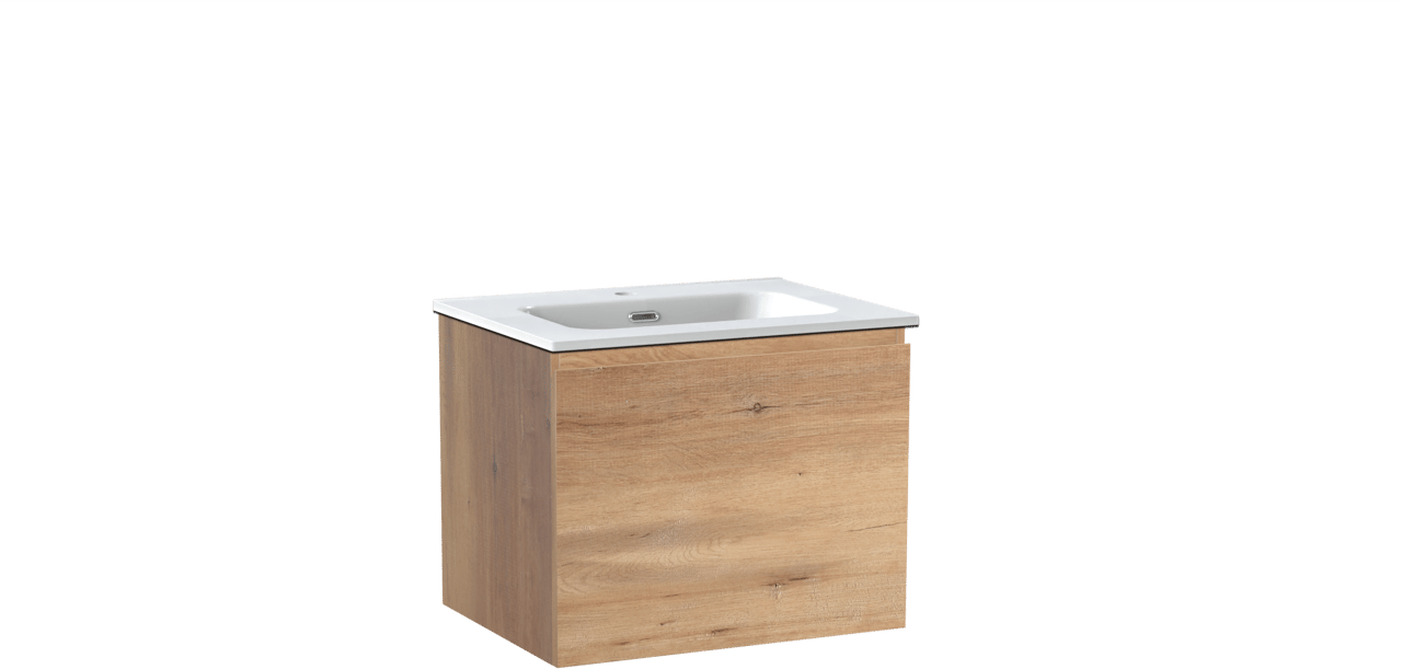 Linie Lado hängendes Möbelstück Set: 60 x 46 cm, Naturbelassene Eiche, mit Baro Einzelwaschtisch, Porzellan Weiß glänzend