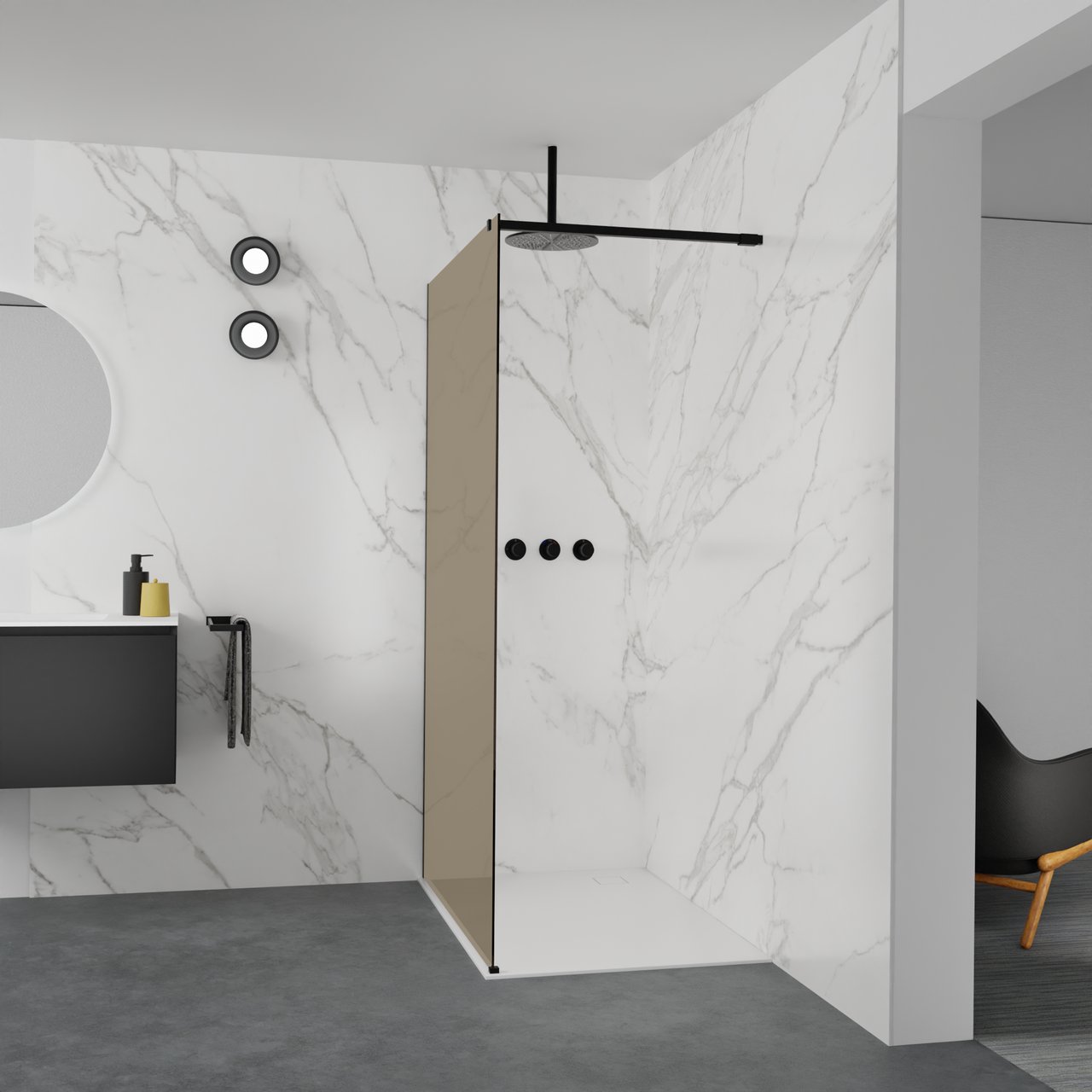 Balmani Modular inloopdouche: 120 x 200 cm, Brons glas met coating, Mat zwarte profielen