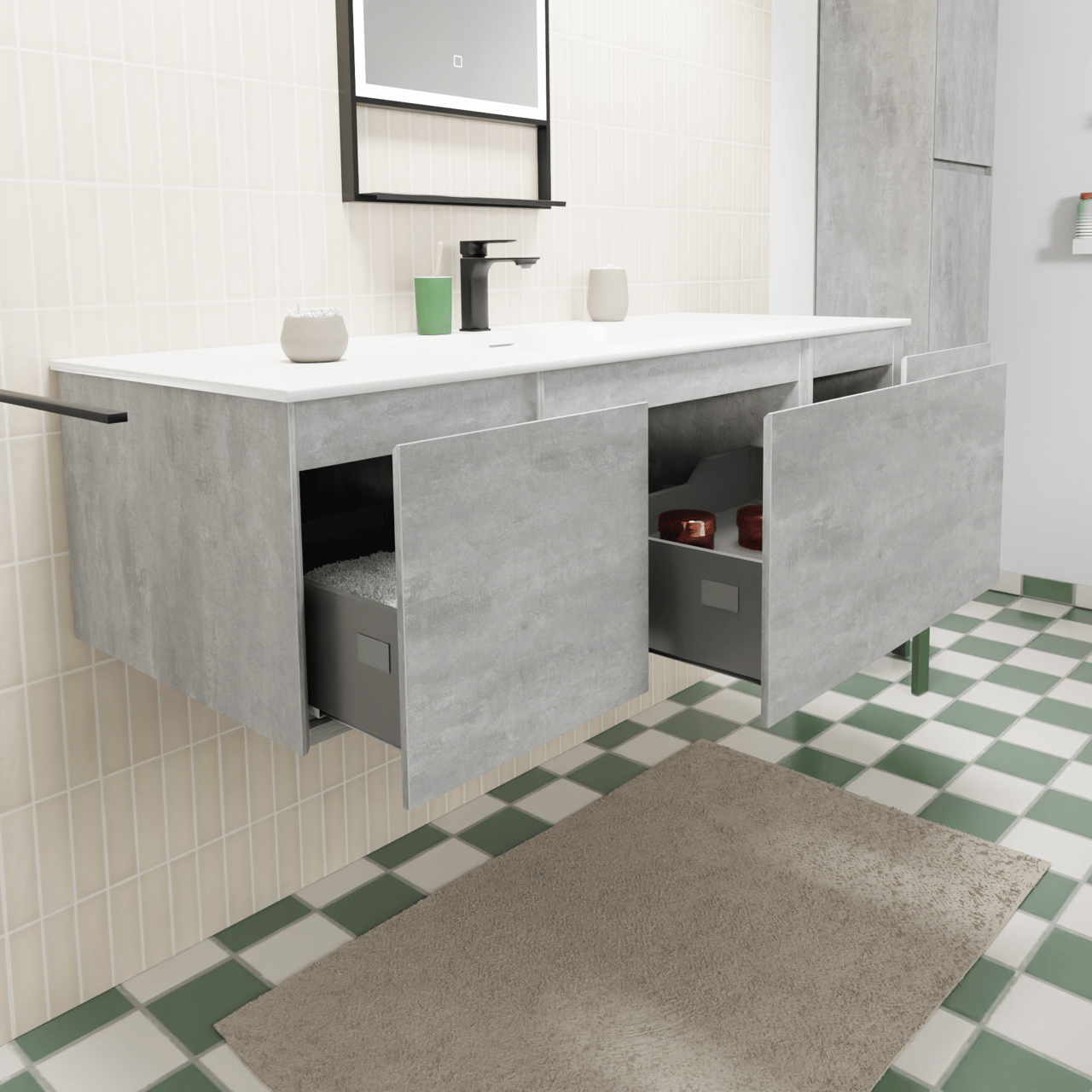 Storke Edge meuble salle de bains suspendu 135 x 52 cm béton gris foncé avec Mata plan simple en solid surface blanc mat