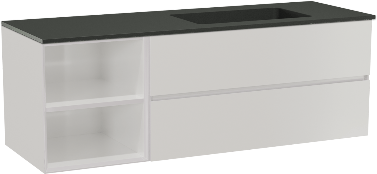 Storke Edge zwevend badmeubel 150 x 52 cm hoogglans wit met Scuro asymmetrisch rechtse wastafel in kwarts mat zwart