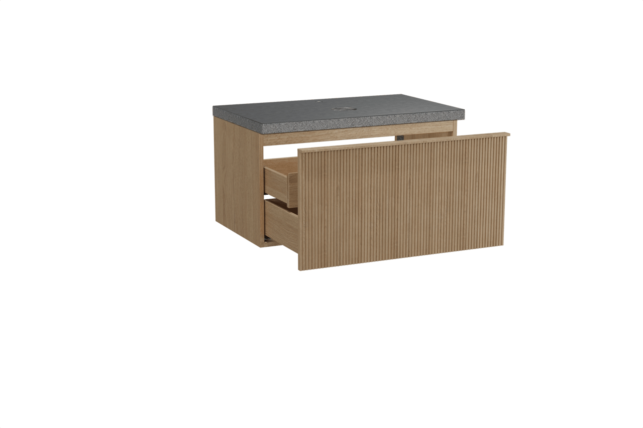 Balmani Forma hängendes Möbelstück Set: 90 x 55 cm, Naturbelassene Eiche, mit Rock Einzel Waschtischplatte, Granit, Schwarzes Granit, Vertikale symmetrische gerade Rippe