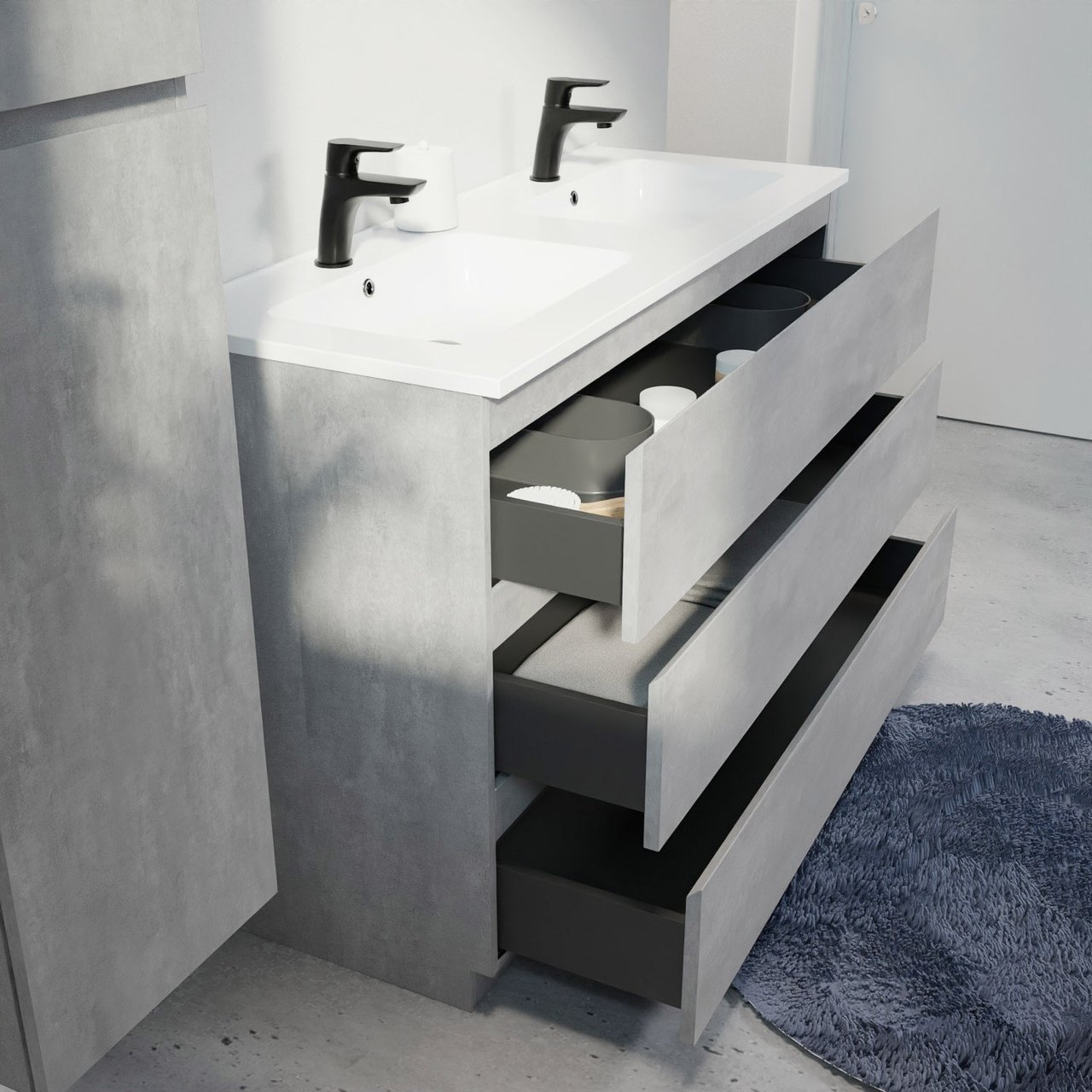 Linie Lado staand badkamermeubel 120 x 46 cm beton donkergrijs met Vano dubbele wastafel in composietmarmer glanzend wit