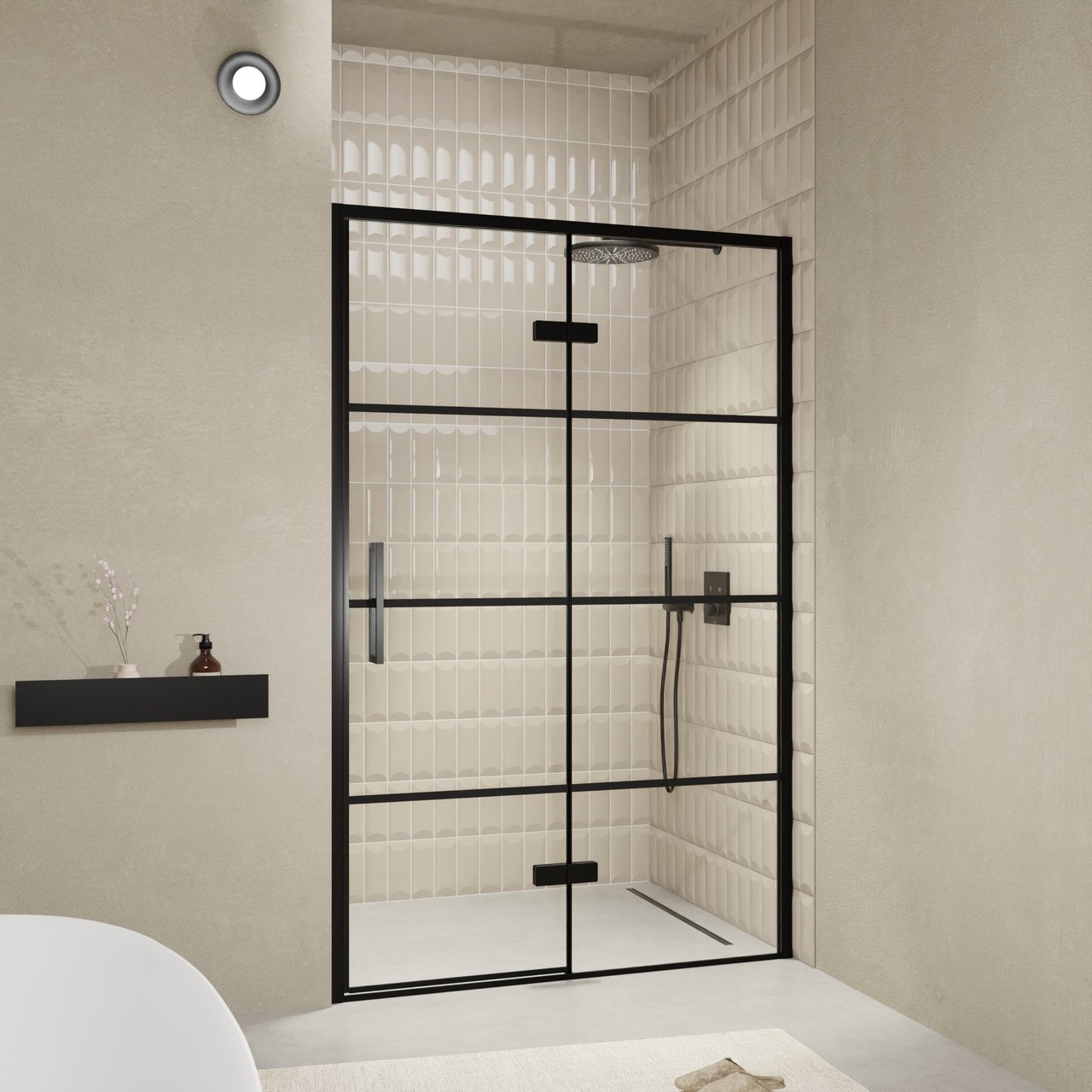 Balmani Senses Design douche draaideur rechts 140 cm x 210 cm Lined glas, Zwarte profielen