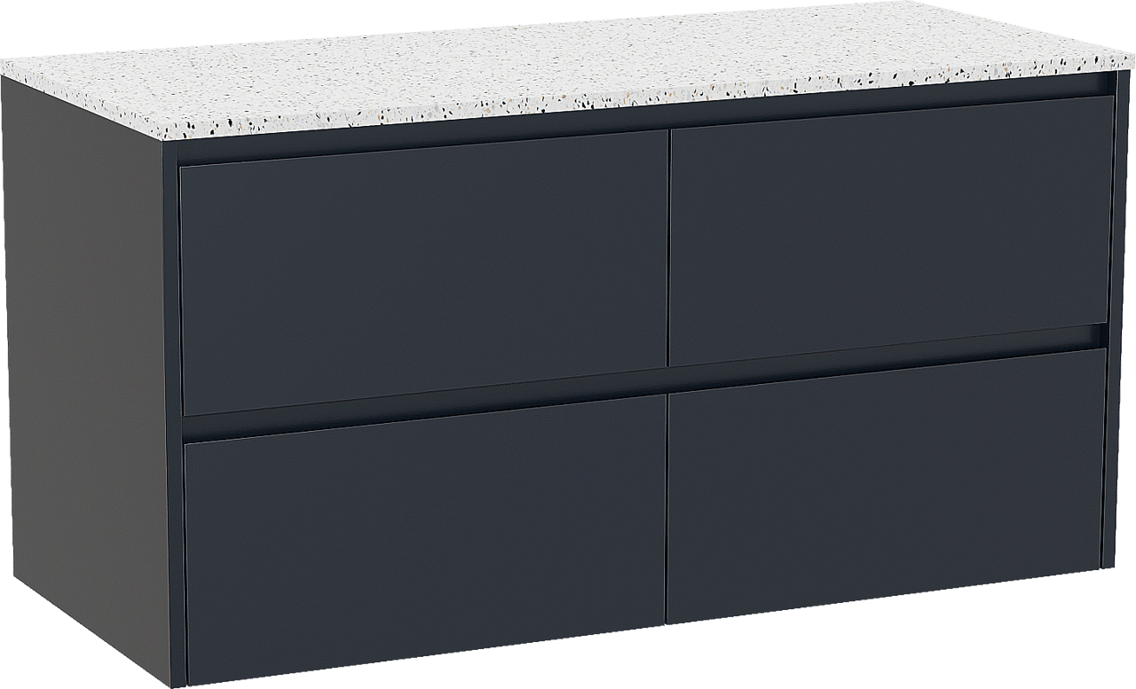 Storke Seda meuble salle de bains suspendu 120 x 52 cm bleu nuit avec Tavola tablette simple ou double en blanc/noir mat terrazzo