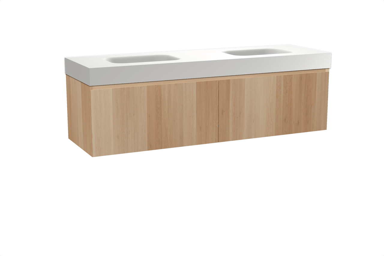 Balmani Idra hängendes Möbelstück Set: 180 x 55 cm, Naturbelassene Eiche, mit Arcato Doppelwaschtisch, Solid Surface Weiß matt