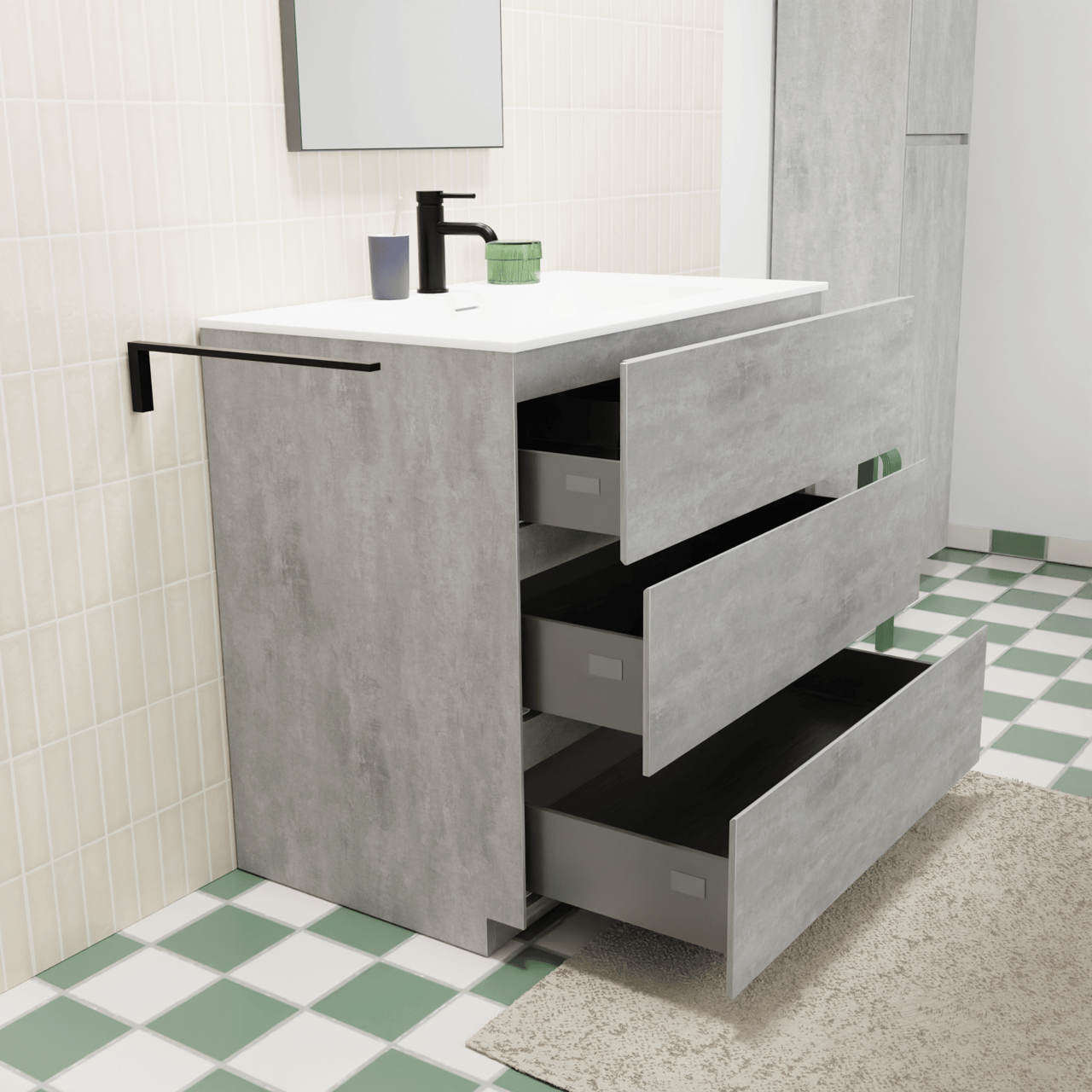 Storke Edge staand badmeubel 85 x 52 cm beton donkergrijs met Mata enkele wastafel in solid surface mat wit