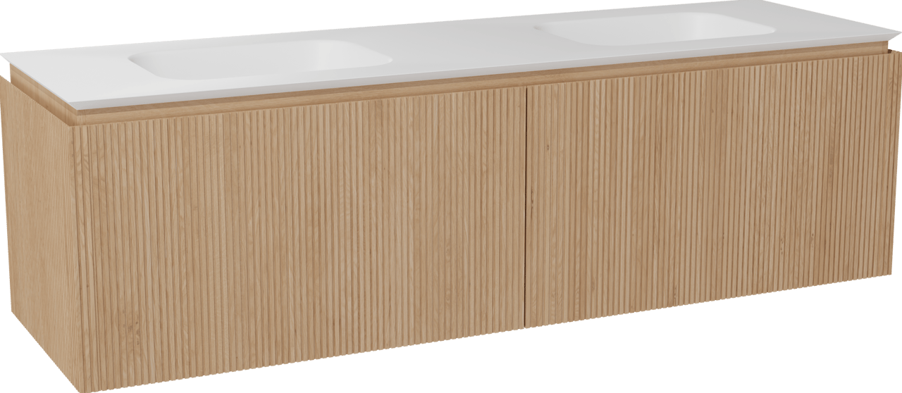 Balmani Eclips hängendes Möbelstück Set: 180 x 55 cm, Eiche Natur, mit Eclips Doppelwaschtisch Solid Surface Weiβ matt, Vertikale symmetrische gerade Rippe