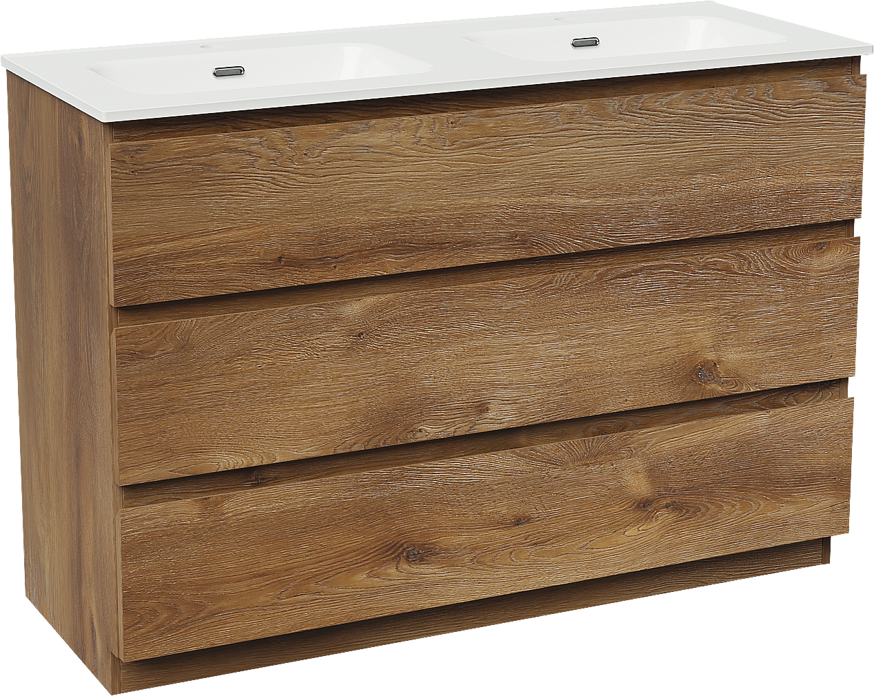 Linie Lado freistehendes Möbelstück Set: 120 x 46 cm, Braune Eiche, mit Baro Doppelwaschtisch, Porzellan Weiß glänzend