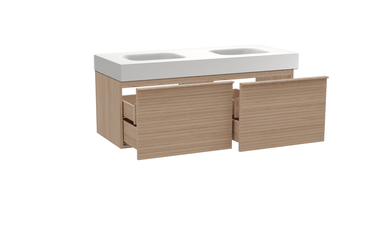 Balmani Forma zwevend badkamermeubel 135 x 55 cm natuur eik met Arcato dubbele wastafel in solid surface mat wit, Horizontale symmetrische rechte ribbel