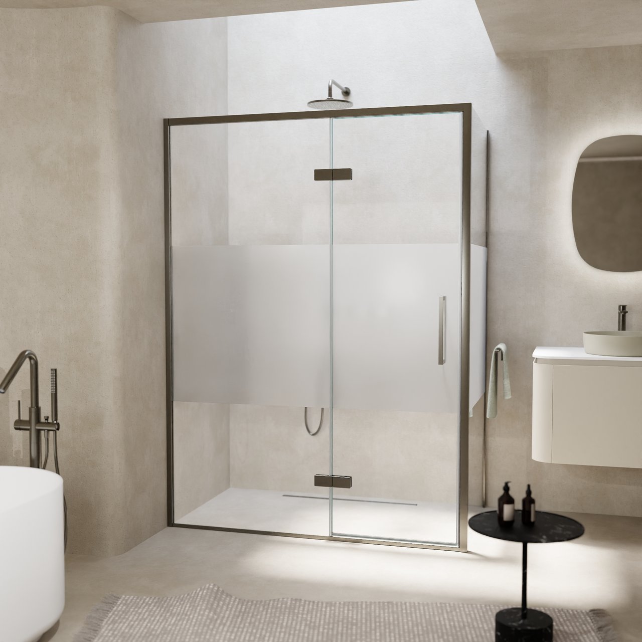 Balmani Senses Design Eckdusche: Drehtür (Links) mit fixierte Seitenwand, 140 x 100 cm, Klarglas mit mattiertem Streifen, Profil Brushed GunMetal